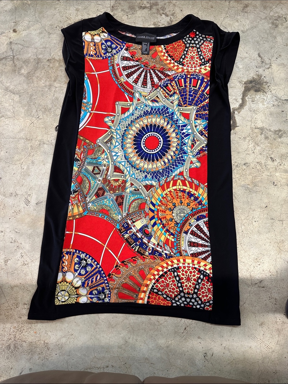 Frank Lyman Design Black Mini Dress with Red Mosaic Front Panel
